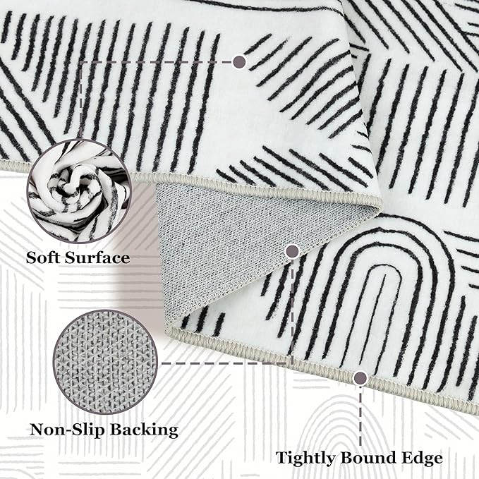 MUJOO 3x5 Washable Rug,Mid Century Modern Abstract Non Slip Low Pile Area Rug,White and Black Rug for Living Room Bedroom Entryway