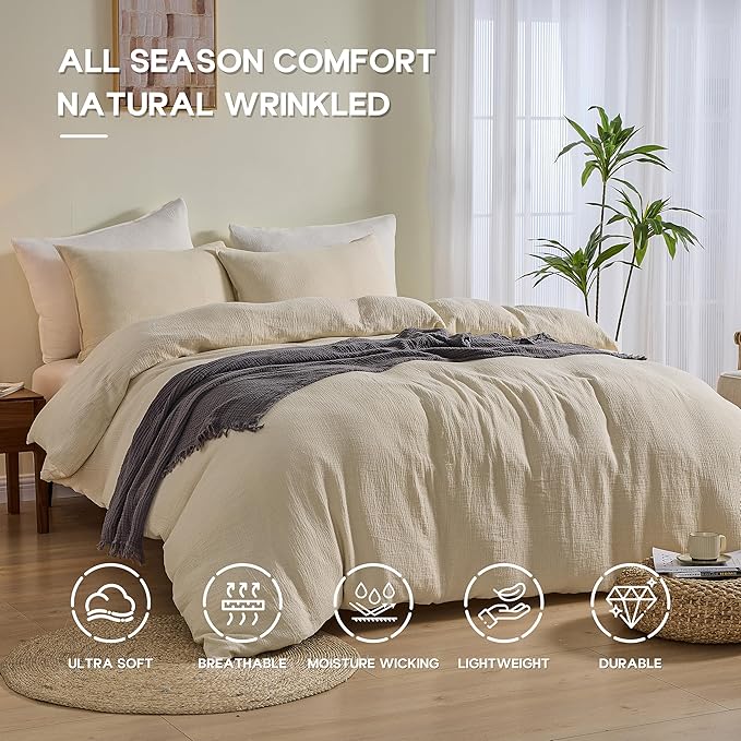 Simple&Opulence Linen Muslin Duvet Cover Set King Size, 3Pcs Khaki Linen Cotton 3-Layer Gauze Minimalist Comforter Cover 104”x92”, Ultra Soft Breathable Seersucker Bedding Set with 2 Pillowcases
