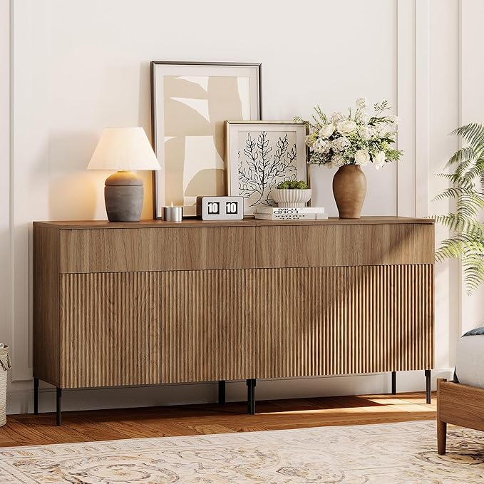 WAMPAT 63" W Large Sideboard Buffet Cabinet with Storage, 2 in 1 Fluted Sideboard Buffet with 4 Doors, Wooden Buffet Table, Coffee Bar Wine Bar Cabinet for Dining Room, Living Room, Light Walnut