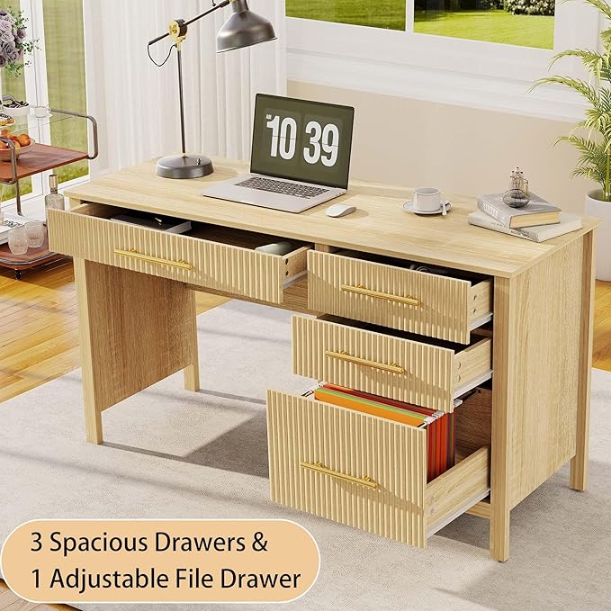 Modern Executive Desk with Drawers: 54" Oak Home Office Desks with File Drawers, Wood Fluted Computer Writing Desk for Work, Study, and Living Room (54")