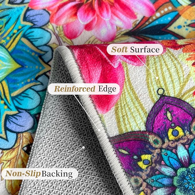 3'x5' Boho Floral Area Rugs for Entryway Kitchen Living Room Bedroom, Non-Slip Machine Washable Colorful Flower Entry Rugs Carpet Door Mat Indoor Entrance Aesthentic