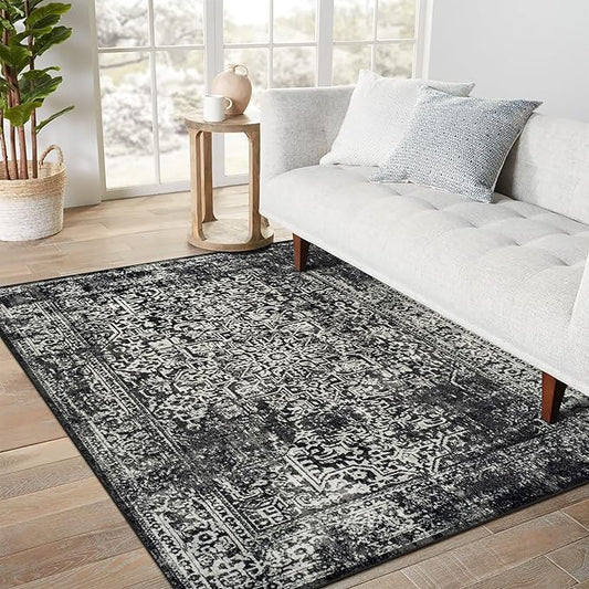 vivorug 3x5 Area Rugs, Stain Resistant Washable Rug for Living Room, Vintage-Inspired Black and White Rug