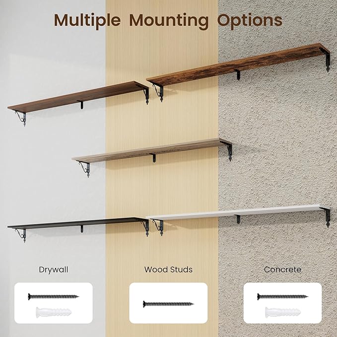 RICHFOCUS Floating Shelves for Wall Decor, 55.1W x 8D Shelves Set of 2, 8 Inch Deep Rustic Wood Shelves Wall Mounted with Brackets, Long Floating Shelves for Living Room Bedroom Kitchen, Black