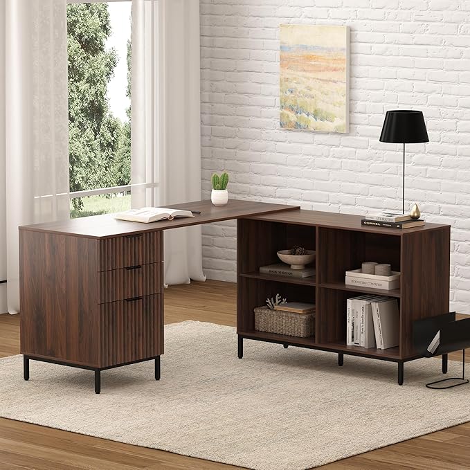 60" L Shaped Fluted Desk, Computer Desk with Movable Storage Cabinet Home Office Desk with 3 Drawers Metal Legs Corner Desk for Gaming Study, Brown