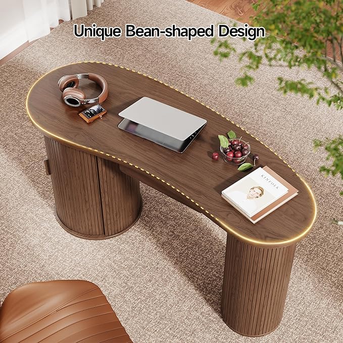 ONBRILL 59 Inches Fluted Office Desk with Storage, Bean-Shaped Computer Desk with Drawer, Mid-Century Modern Curved Corner Desk with Sliding Door for Work and Study,Walnut