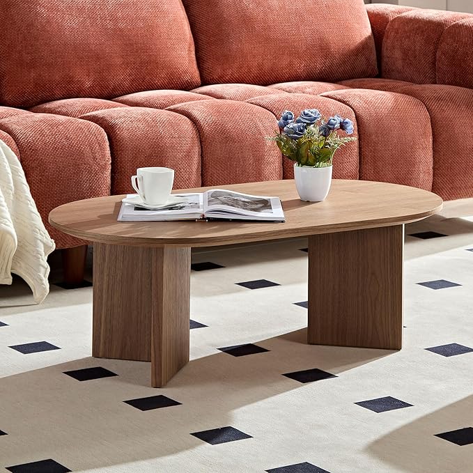SSLine Mid-Century 39.37" Oval Coffee Table with Pedestal Base Walnut Wood Grain Top Cocktail Center Table for Living Room Bedroom