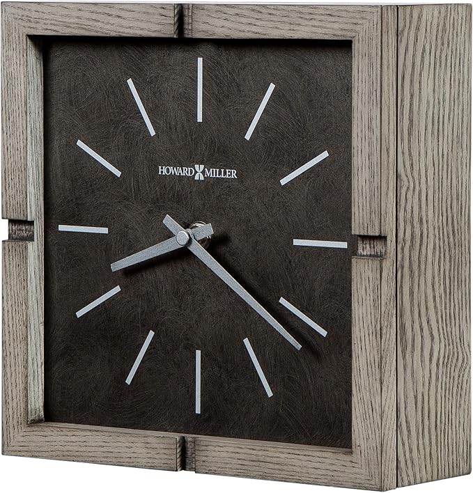 Howard Miller Fortin Mantel Clock - Woden Square Tabletop Timepiece, Battery Operated Analog Desk Clock, Gray Finish, Silver Hands, Quartz Movement, Vintage, Ideal Living Room, Home and Office Decor