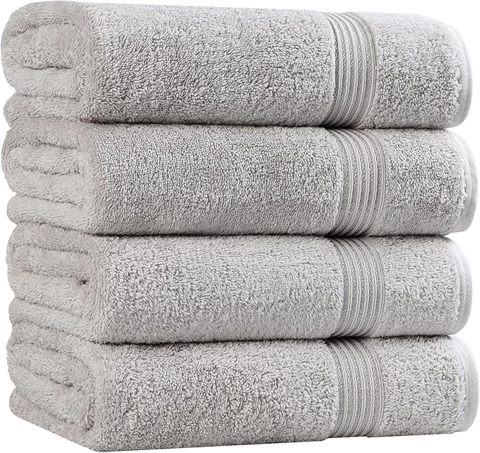 Superior Heritage Egyptian Cotton Bath Towel Set, Large Body Towels for Home Bathroom, Master, Guest Bath Decor, Plush, Absorbent Basics, Spa, Hotel, Resort, Luxury Essentials, Set of 4, Silver