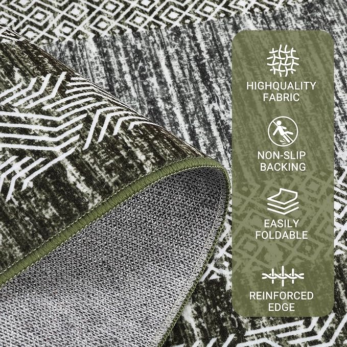 GarveeHome 8x10 Large Washable Area Rug Modern Bordered Rug Distressed Geometric Floor Carpet, Soft Non Slip Rug, Low Pile Non Shedding Rug, Indoor Green Rug for Bedroom, Living Room