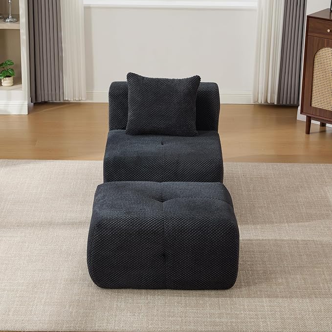 31" Minimalist Style Armless Accent Chair with Ottoman,Modern Boneless Deep Seat Single Sofa with Pillow,Comfortable Chaise Lounge,No Assembly Required for Apartment,Living Room,Charcoal