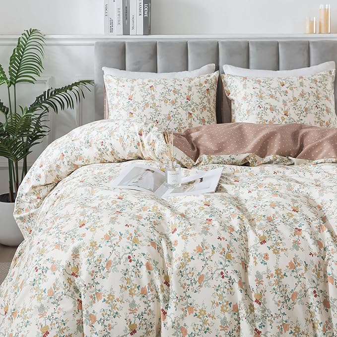 HoneiLife Botanical Duvet Cover King - 100% Cotton Comforter Cover Sets, Floral Duvet Cover Sets, Wildflower Bedlinen Set with Zipper Closure & Corner Ties