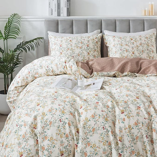 HoneiLife Botanical Duvet Cover King - 100% Cotton Comforter Cover Sets, Floral Duvet Cover Sets, Wildflower Bedlinen Set with Zipper Closure & Corner Ties