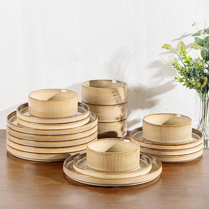 GBHOME 12-Piece Stoneware Dinnerware Set for 4 – Ribbed Ceramic Plates and Bowls, Scratch-Resistant, Microwave & Dishwasher Safe, Reactive Glaze, Barley Latte