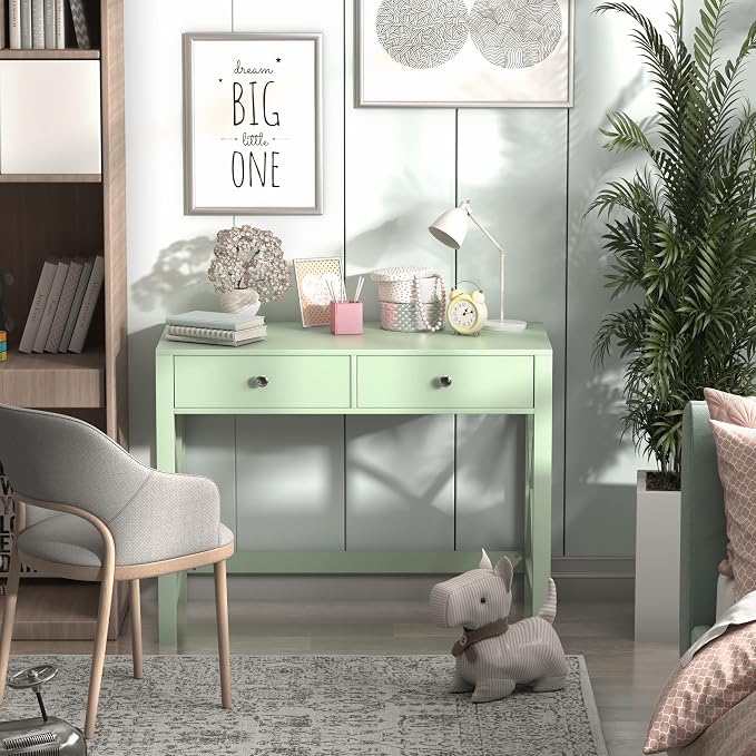 WiberWi Home Office Desk with Drawers, Modern Writing Computer Desk for Bedroom, Small Makeup Vanity Table Study Table for Home Office,Green