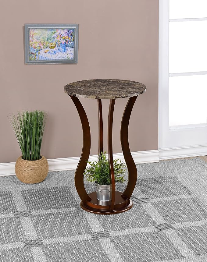 Coaster Home Furnishings - Elton - Wood - Round Plant Stand with Faux Marble Top, Curved Wooden Legs, Built-in Shelf Base and Traditional Style - Living Room - Brown - 900926
