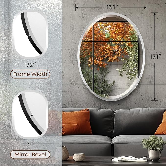 OVALCREST - Oval Wooden Beveled Wall Mirror for Home Decor, Bathroom, Vanity, Bedroom, Living Room, Hallway - London Style (Silver Leaf with Brown Antique) 17.1 x 13.1