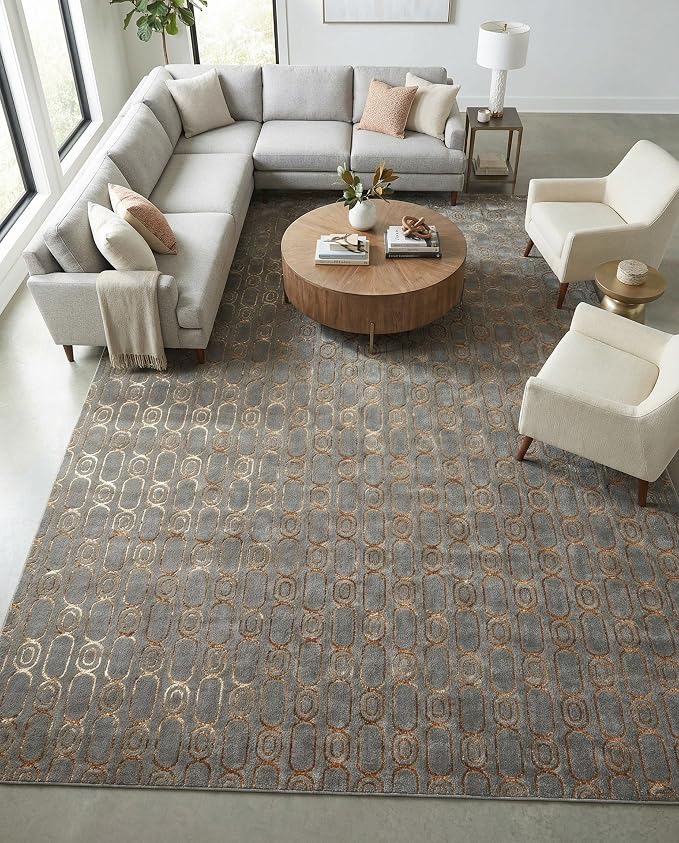 Rugs.com - Vogue Geo Rug – 10' x 13' 1 Gray and Gold Modern Textured Pile Area Rug – Stain Resistant and Easy to Clean, Perfect for Living Rooms, Bedrooms, and Dining Rooms