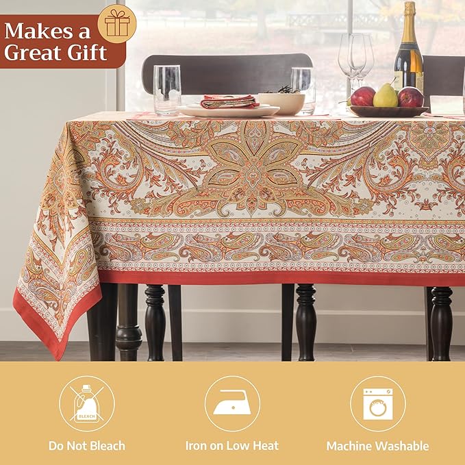 Maison d' Hermine Table Cloth Rectangle Table 100% Cotton 70 x 120 Inches Fall Tablecloth Reusable Everyday Use for Thanksgiving Christmas Decorations Dining Farmhouse Party (Kashmir Paisley)