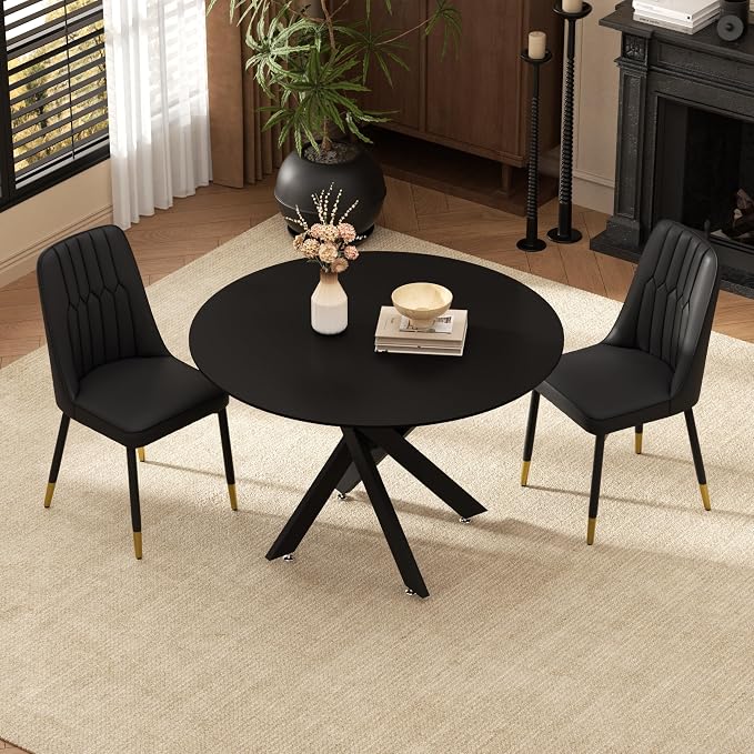RGZ Mid Century Black Round Dining Table Set for 2, 36" Small Wooden Circle Kitchen Table & 2 Black PU Leather Kitchen Chairs, Dinner Table Set for Home, Apartment, Dining Room