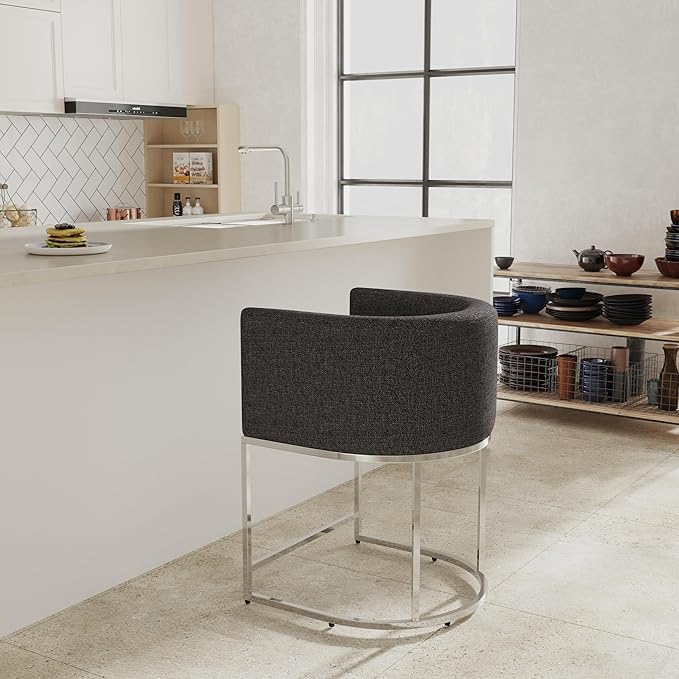 Contemporary Charcoal Linen Bar Stool, 24" Upholstered Fabric Counter Height Barstool Kitchen Counter Island Stool with Screwed Together Chrome Finish Base