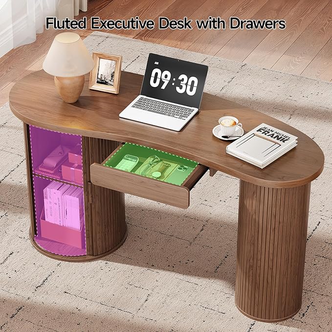 ONBRILL 59 Inches Fluted Office Desk with Storage, Bean-Shaped Computer Desk with Drawer, Mid-Century Modern Curved Corner Desk with Sliding Door for Work and Study,Walnut