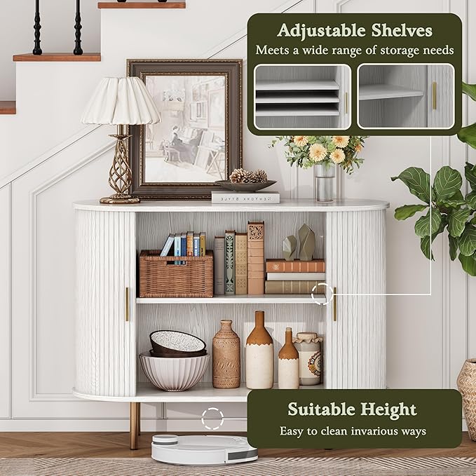 DHH Sideboard Buffet Cabinet with Storage,Mid Century Modern Fluted Accent Coffee Bar Console Table,Tambour Sliding Doors& Adjustable Shelf for Kitchen, Living Room, Entryway (White, 40 Inch)