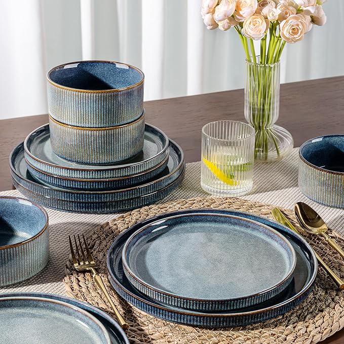 GBHOME 18-Piece Stoneware Dinnerware Set for 6 – Ribbed Ceramic Plates and Bowls, Scratch-Resistant, Microwave & Dishwasher Safe, Reactive Glaze, Ceylon Blue