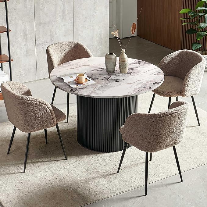 47" Round Wooden Kitchen Dining Table Set for 4, Industrial Breakfast Nook Table Set with Brown Sherpa Barrel Dining Accent Side Chairs for Dining Hall, Two-Part Tabletop, White Marble Look