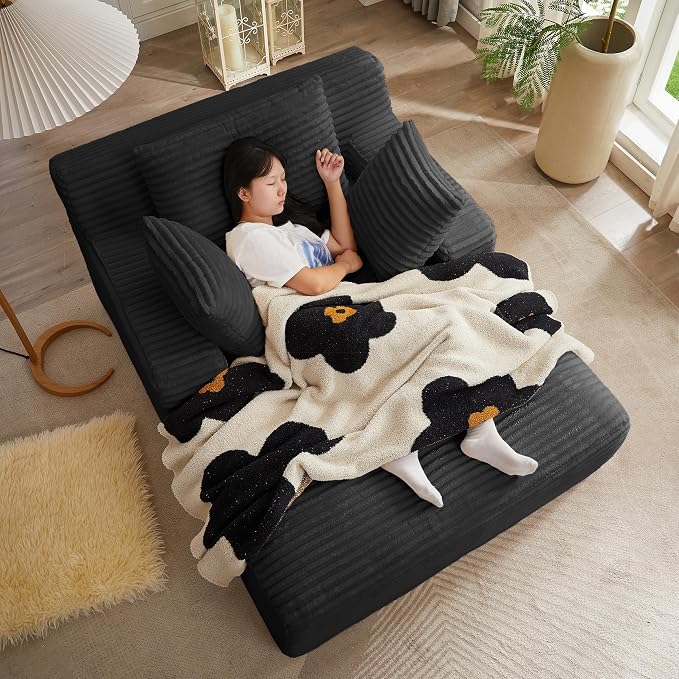 50" Oversized Chaise Lounge Chair Indoor, Corduroy Sleeper Sofa Bed with 3 Pillows & Armrests, Spring Cushion Lazy Chair for Living Room Apartment, Black