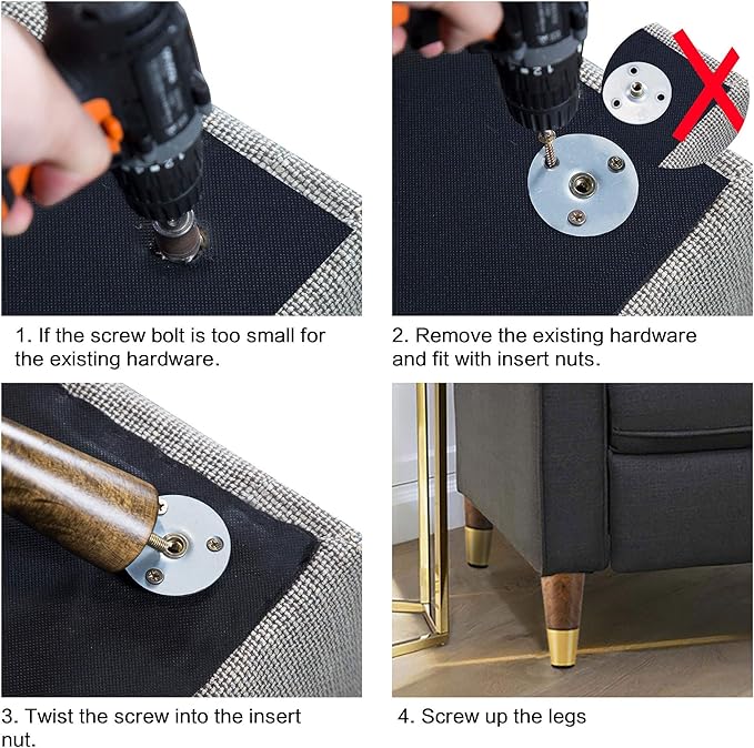 ALAMHI Wood Furniture Leg Sofa Legs 4 Inch Brown Round Tapered Mid-Century Modern Feet with Brass Base Replacement Legs for Cabinets,Coffee Table,Ottoman,TV Stand,Loveseat,Armchair Set of 4