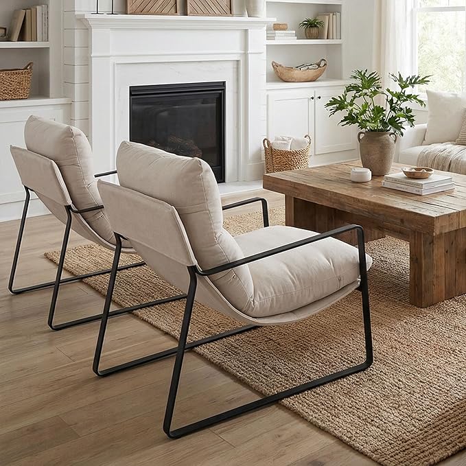 LukeAlon Modern Accent Armchairs Set of 2, Upholstered Soft Living Room Chairs with Metal Base Removable Thickened Cushion Sofa Chairs Comfy Lounge Chair for Bedroom Living Room, White Chenille