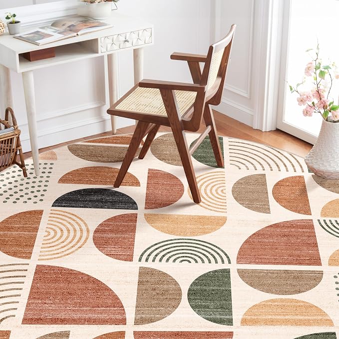 MUJOO Round Rugs 6ft,Circle Area Rug Washable,Circular Rugs for Living Room Dining Room,Large Boho Non Slip Throw Floor Carpet Modern Abstract Bohemian Terracotta