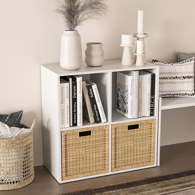Wooden 4 Cube Storage Organizer with Closed Back Panel,White Cube Shelf Cubby Storage Organizers with Compartments for Living,Bookshelf,Organizers Easy to Install (White, 4 Cube)
