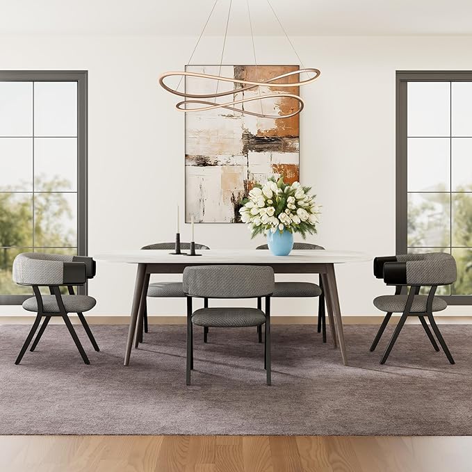 Upholstered Kitchen & Dining Room Table Chairs Set of 2, Metal Modern Dining Room Chair with Armrests, Curved Backrest, Linen Fabric for Living Room, Office, Vanity, Sturdy Metal Legs, Gray