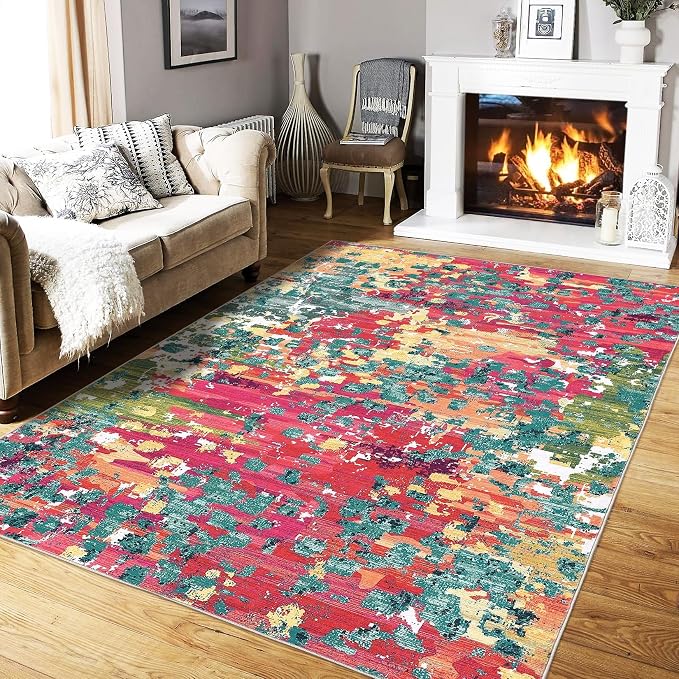 GAOMON 9x12 Washable Boho Chic Abstract Watercolor Design Area Rug Low Pile Thin Living Room Rug Non Slip Soft Bedroom Rug Abstract Accent Carpet for Dining Room Nursery, Pink/Multi