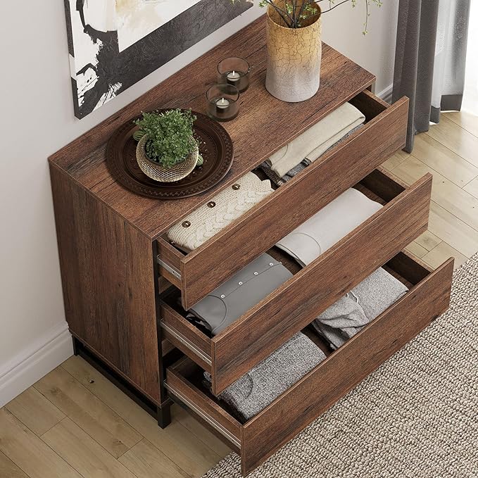 WAMPAT Dresser for Bedroom, Closet Organizers and Storage with 3 Drawers, Chest of Drawers with Metal Base, Modern Wood Dresser for Living Room, Hallway, Entryway, Brown