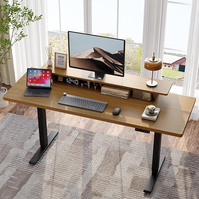 55 x 24 Inches Electric Standing Up Desk with Monitor Shelves,Height Adjustable Computer Desk from 28-46''with Memory Controller,Modern Home Office Desk for Work,Study,Oak Brown