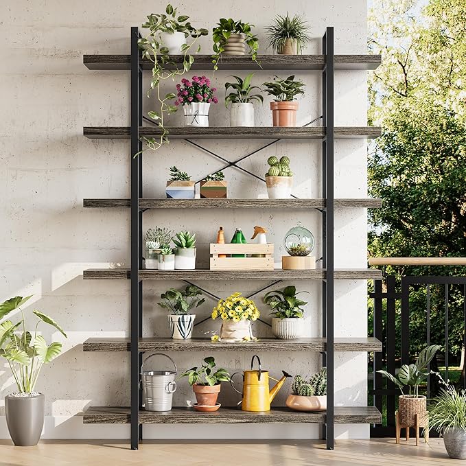 Bookshelf Set, Heavy Duty 6-Tier Industrial Bookcase, 47" Wide Wood Bookshelf for Home Office, 120lbs Shelf Capacity, Rustic Open Display with Horizontal Shelf for Living Room Bedroom, Grey