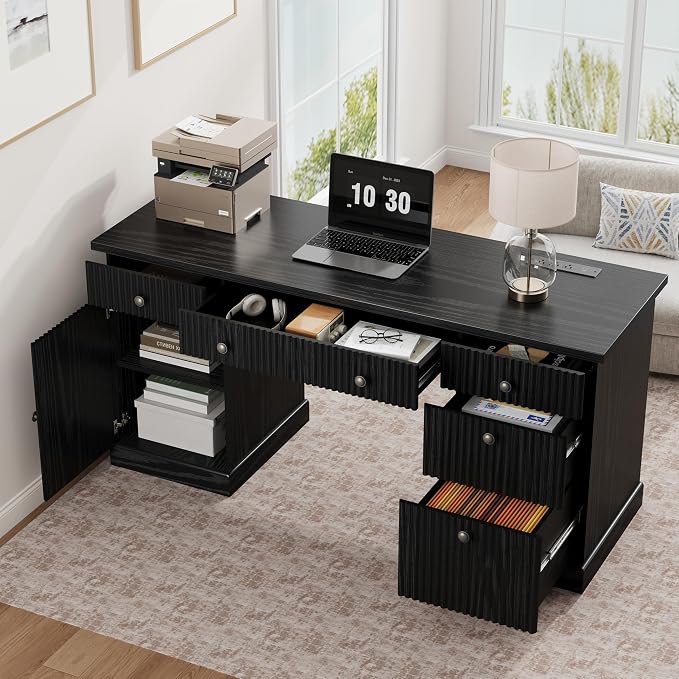 Garvee 60" Office Desk with Storage & Drawers. Fluted Wood Computer Desk with Power Outlet & Adjustable Shelves.Modern Executive Desk for Home Office/Bedroom/Gaming-Black