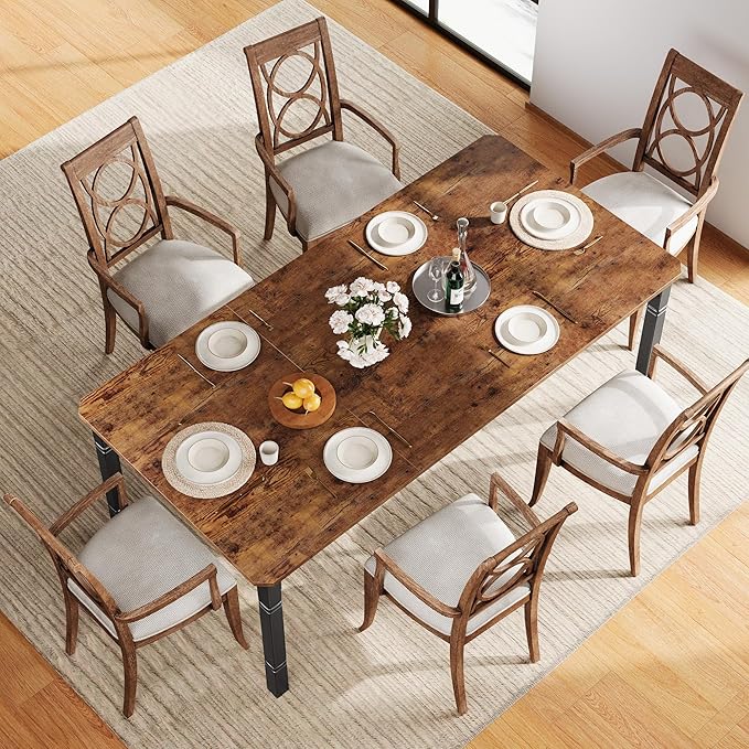 IDEALHOUSE 79" Dining Table for 6-8 People, Modern Rectangular Kitchen Table with Sturdy Metal Legs, Large Wood Farmhouse Dining Room Table for Home Office, Conference, Black & Retro