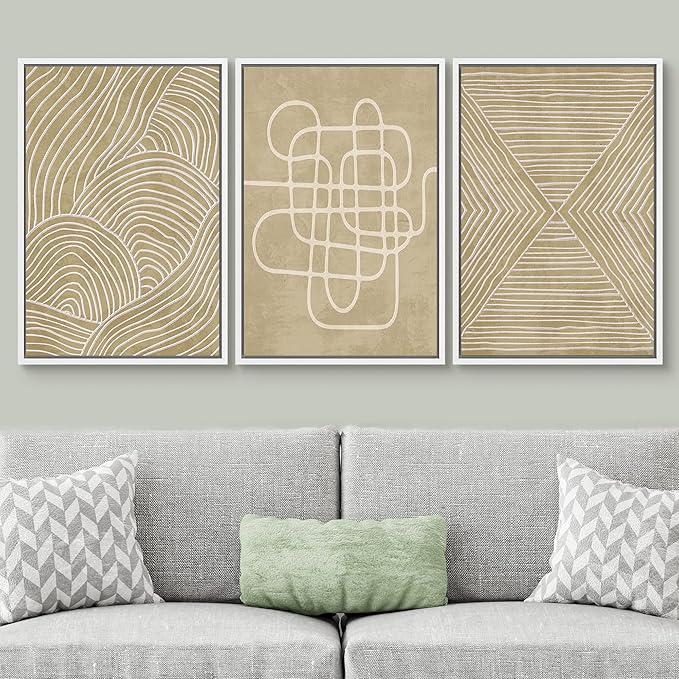 SIGNWIN Framed Canvas Print Wall Art Set Geometric Tan Line Art Collage Graffiti & Street Art Abstract Illustrations Modern Art Decorative Nordic for Living Room, Bedroom, Office - 24"x36"x3 White