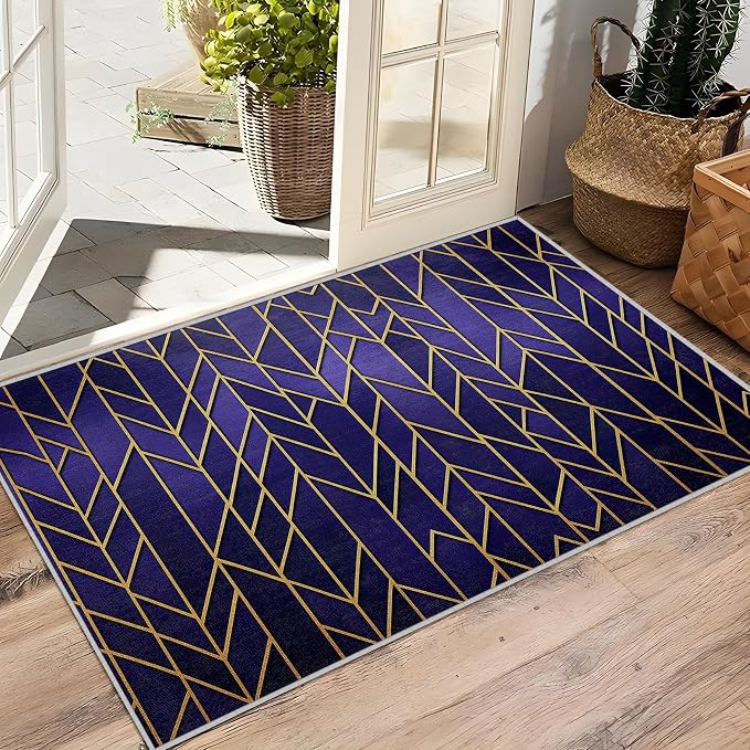 Geometric Rug 3x5 - Chevron Luxury Purple and Gold Modern Rugs for Bedroom Non Slip Low Pile Machine Washable Area Rugs for Living Room Kitchen, Geometric Carpet House Decor