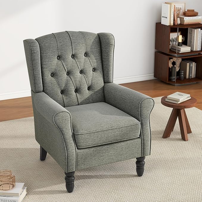 High Back Accent Chair, Fabric Wingback Chair Upholstered Armchair for Living Room, Retro Comfy Single Sofa Bedroom Reading Seat with Solid Wood Legs - Gray