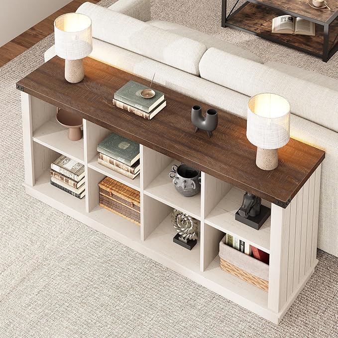 GarveeHome 8 Cube Storage Organizer Bookshelf, Farmhouse Horizontal Bookcase, 62 in Wood Storage Bookcase for Entryway, Long Low Bookshelves for Living Room (Brown and White Contrast, 8 Cube)