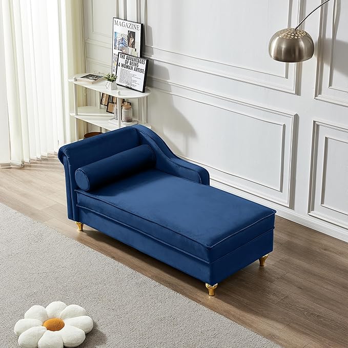 60.6''Velvet Chaise Lounge Indoor, Modern Velvet Lounge Chair with Left Armrest & Lumbar Pillow,Button Tufted Lounge Sofa with Storage for Bedroom, Living Room and Office，Navy Blue