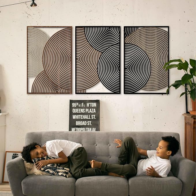 Textured Wood Wall Art with Modern Overlapping Circle Design, Mid Century Wall Panels, Abstract Geometric Wooden Decor, Boho Home Gift for Living Room and Bedroom