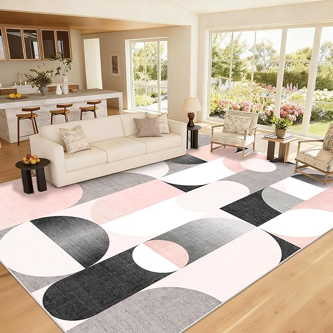 Large Pink Area Rugs 8x10 Washable Rug for Living Room Bedroom Dining Room,Modern Non Slip Carpet,Blush Grey Black