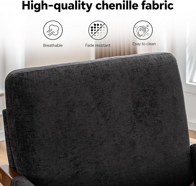 Mid Century Modern Accent Chair with Wood Frame, Upholstered Living Room Chairs with Wide Armrest, Chenille Fabric Comfy Arm Chair for Bedroom, Reading Room, Balcony (1, Black)