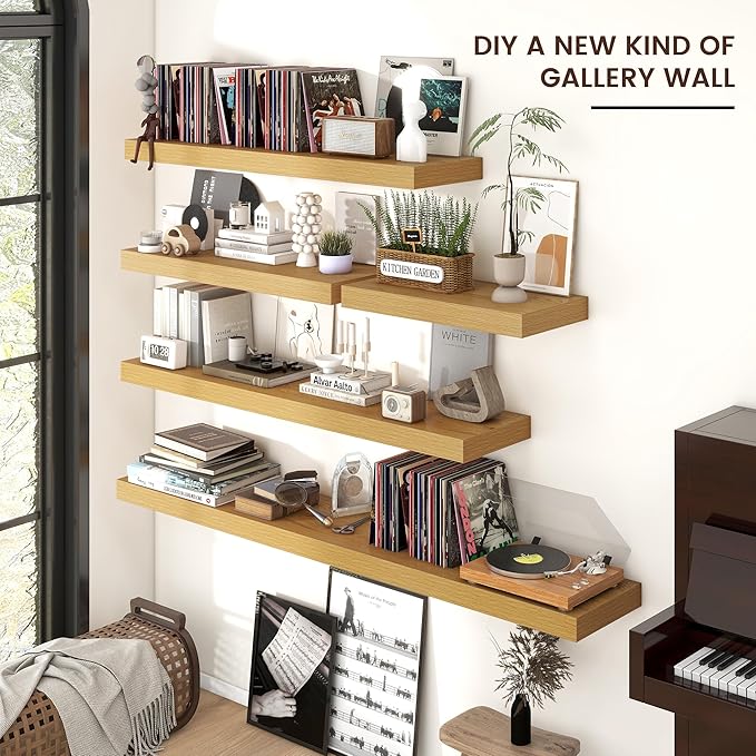 Floating Shelves for Wall, 36" W x 12" D x 2" H, 2 Pack of Long Wall Mounted Engineered Wood Shelves with Invisible Brackets for Living Room, Bedroom, Bathroom, Kitchen Decor, Oak
