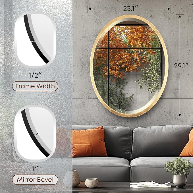 OVALCREST - Oval Wooden Beveled Wall Mirror for Home Decor, Bathroom, Vanity, Bedroom, Living Room, Hallway - London Style (Gold Leaf) 29.1 x 23.1